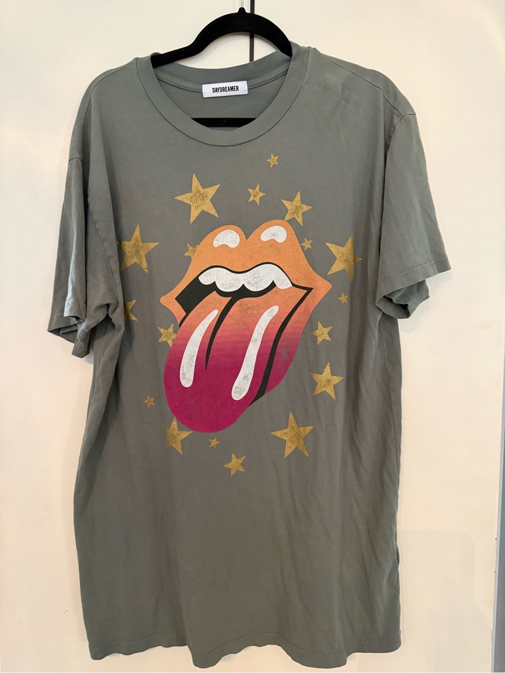 Daydreamer Olive Graphic Tee with Pink Orange Tongue and Gold Stars